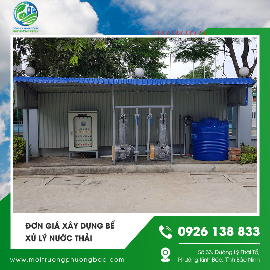 Đơn giá xây dựng bể xử lý nước thải phụ thuộc vào vật liệu, công nghệ và công suất thiết kế. Đơn giá xây dựng bể xử lý nước thải phụ thuộc vào vật liệu, công nghệ và công suất thiết kế.