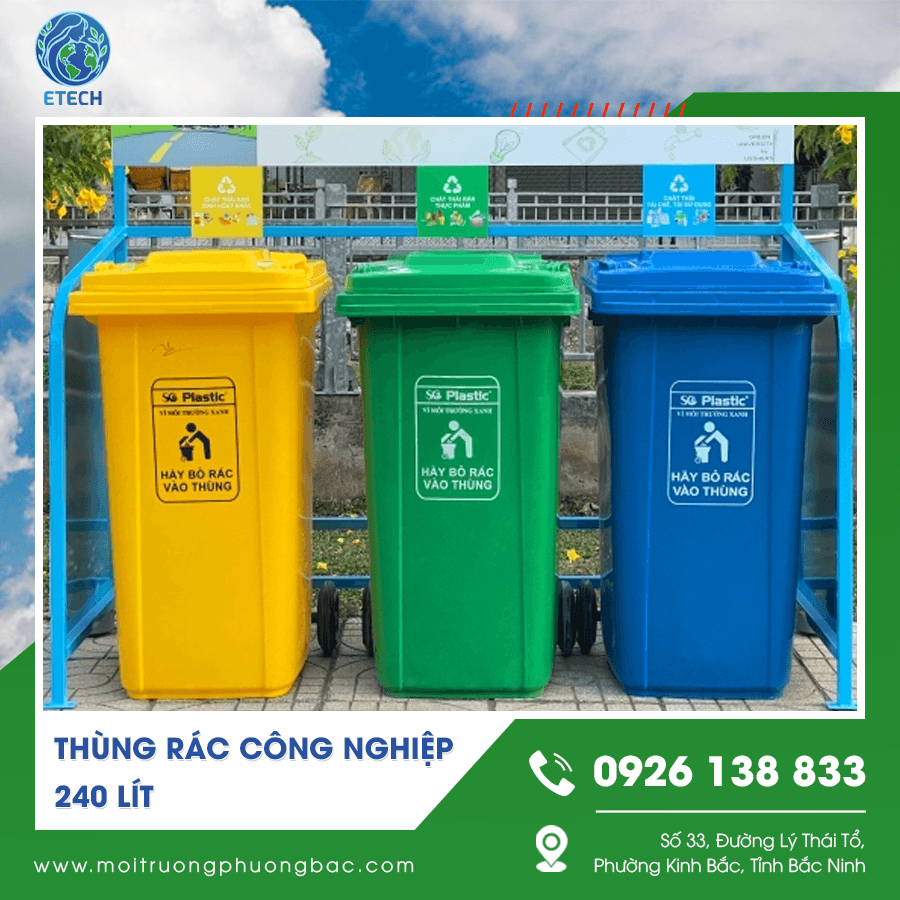 Mẫu thùng rác công nghiệp 240 lít nhựa HDPE bền màu, chịu lực tốt Mẫu thùng rác công nghiệp 240 lít nhựa HDPE bền màu, chịu lực tốt